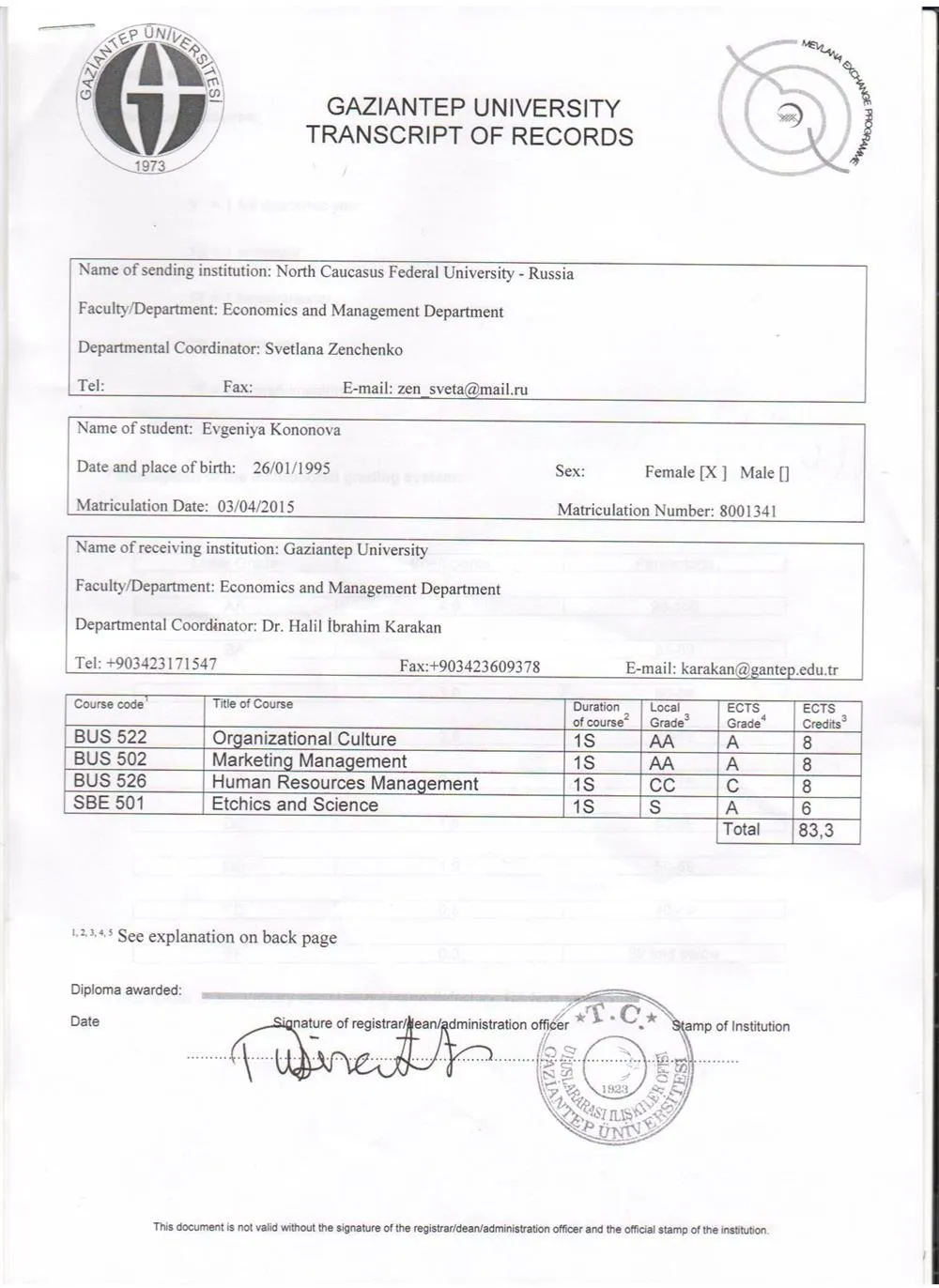 Gaziantep University Transcript of records