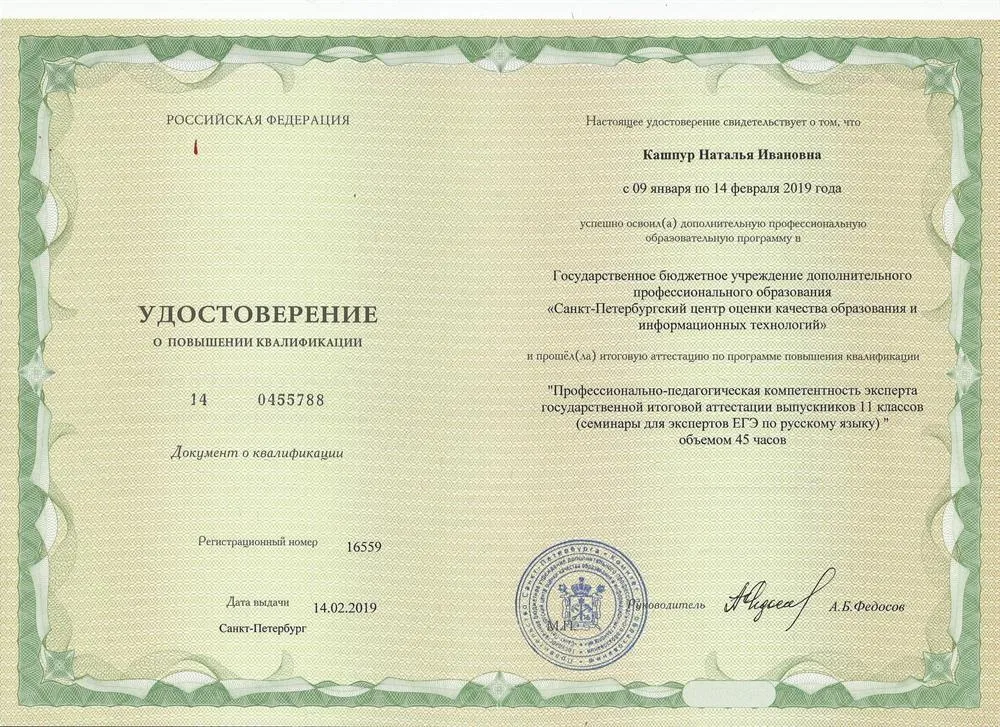 Удостоверение эксперта ЕГЭ по русскому языку (2019 г.)