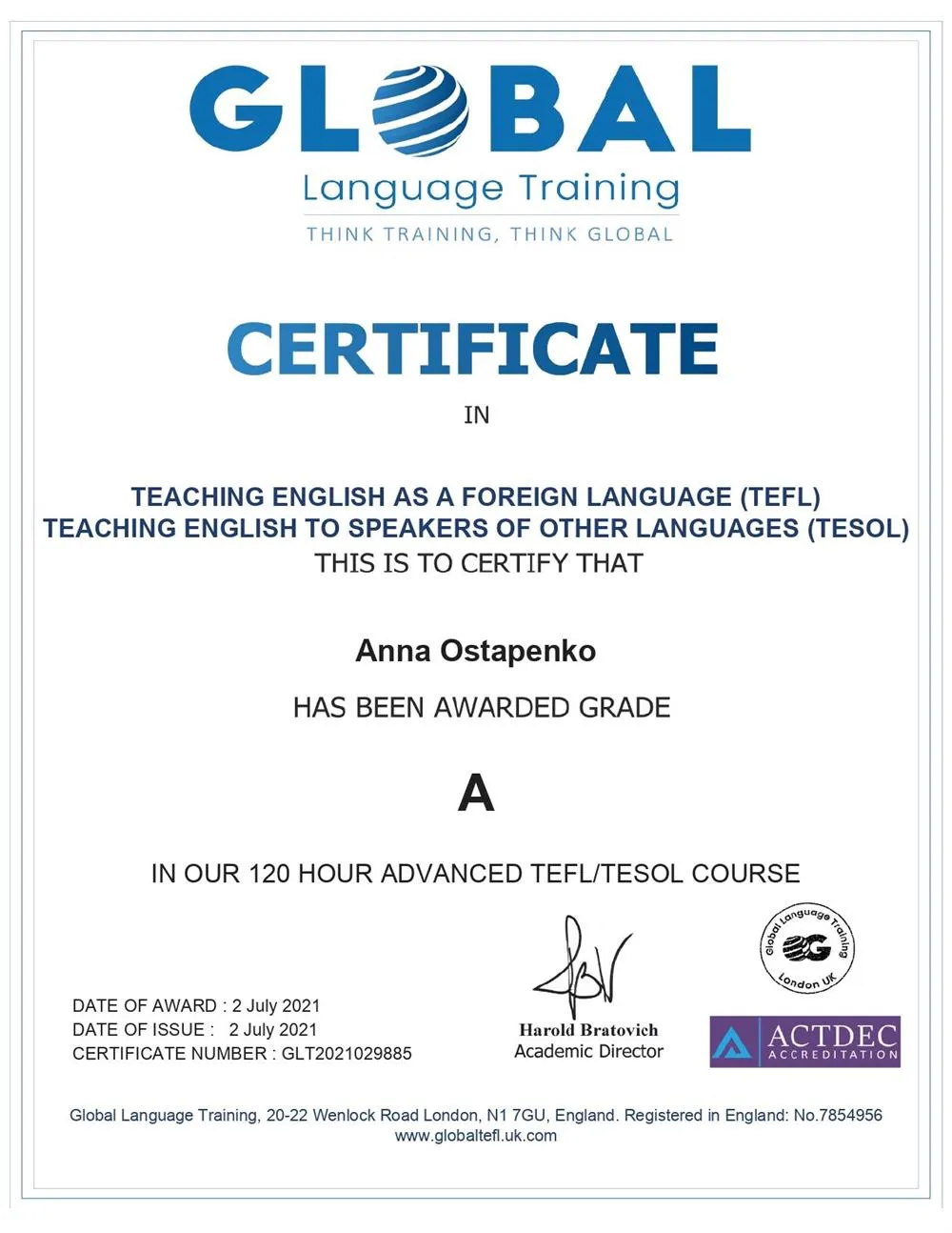 TESOL сертификат для преподавания английского для не носителей языка во всем мире, высшая оценка А