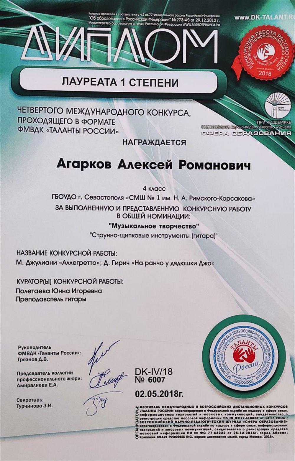 Диплом ученика, лауреата международного конкурса