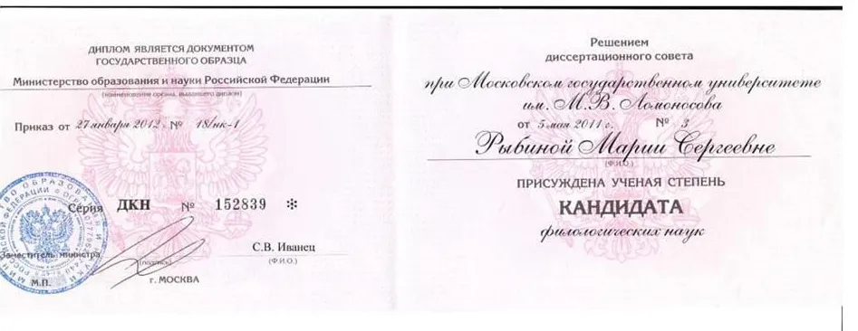 Диплом кандидата филологических наук