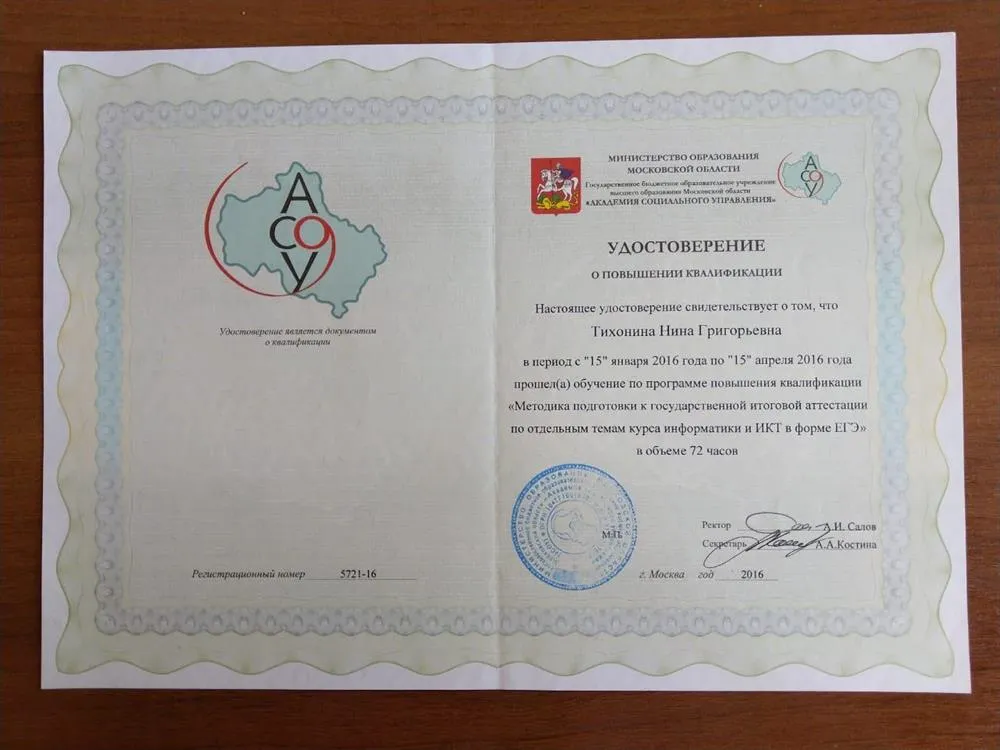 Удостоверение о повышении квалификации 