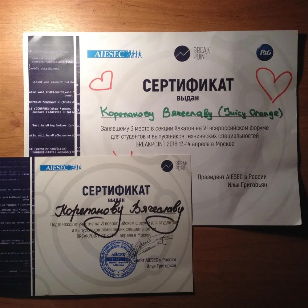 Сертификат за 3 место в секции хакатон форума Breakpoint