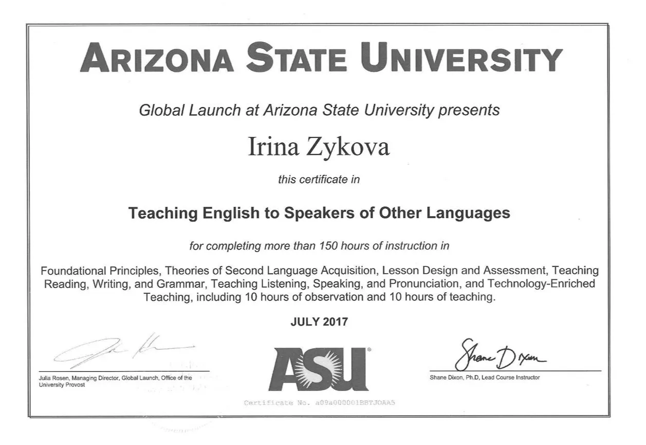 TESOL certificate from Arizona State University