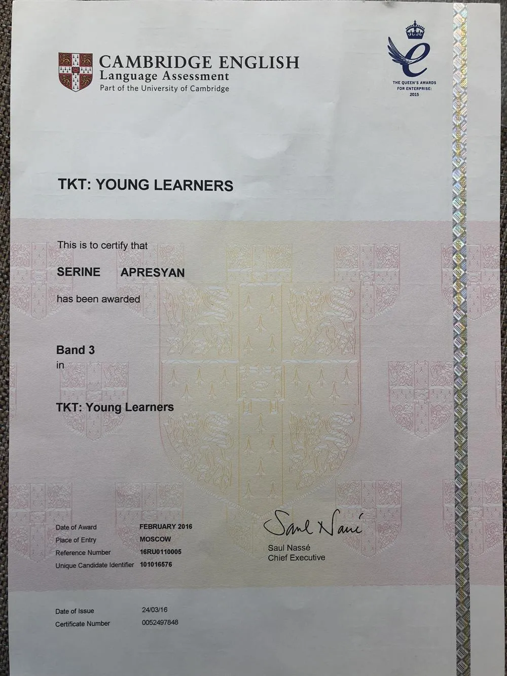 Сертификат TKT YOUNG LEARNERS