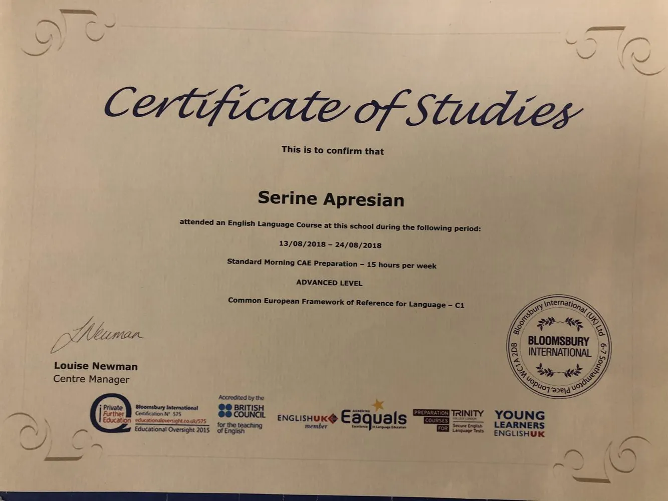Certificate of Studies in London