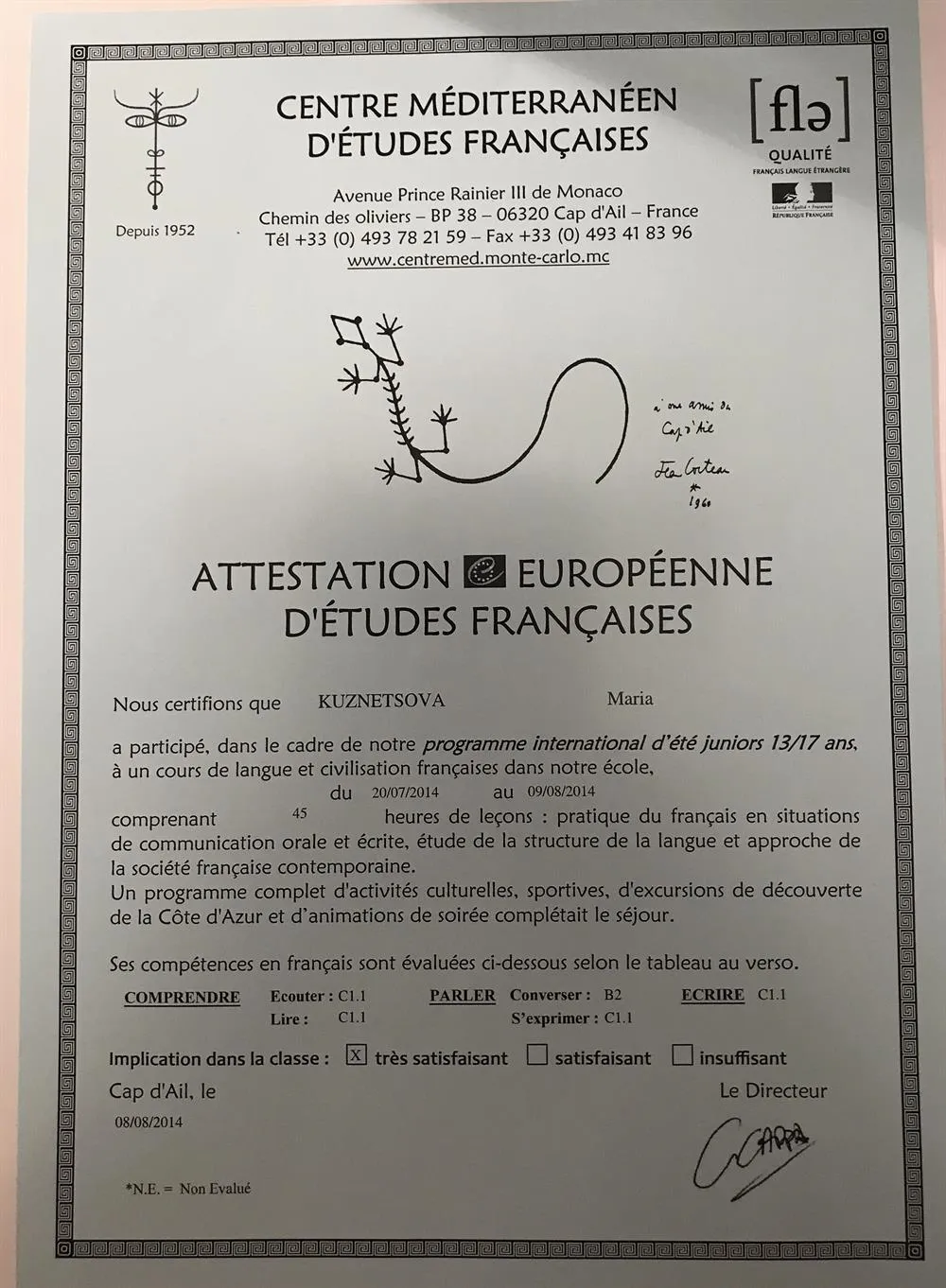 Attestation europeenne d’etudes Francaises