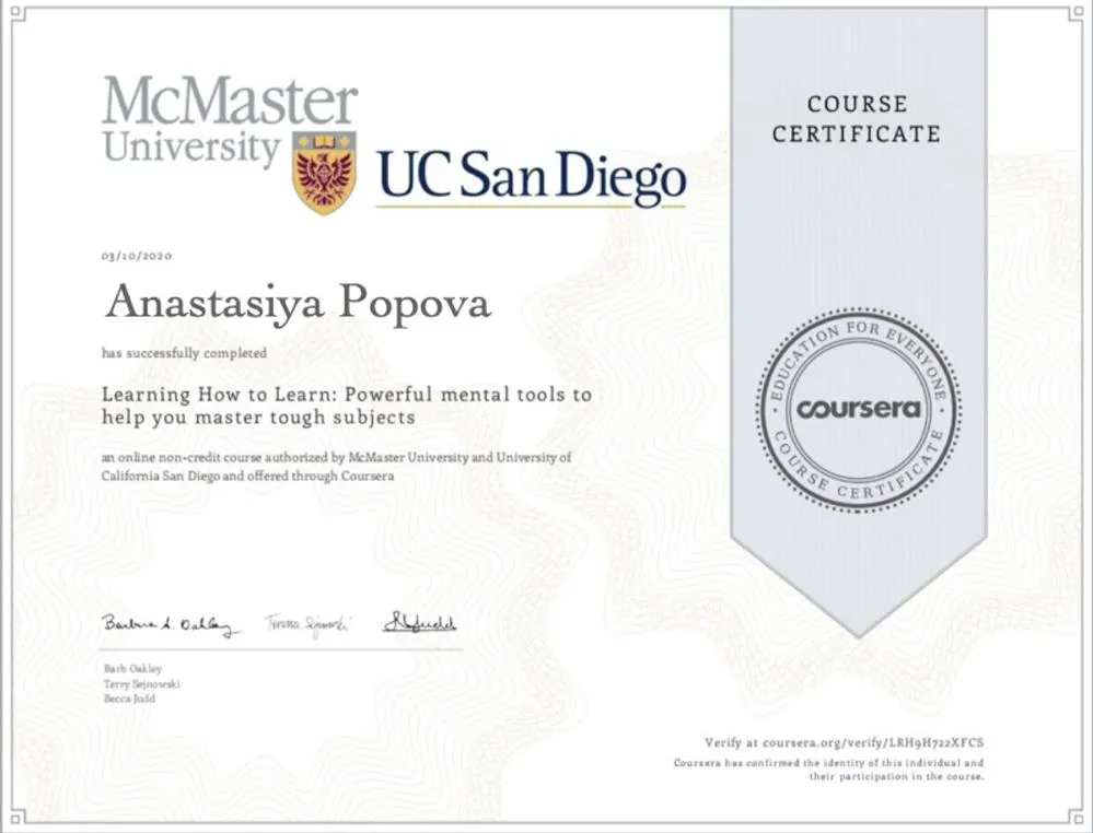 Диплом повышения квалификации Mac Master University UC San Diego 