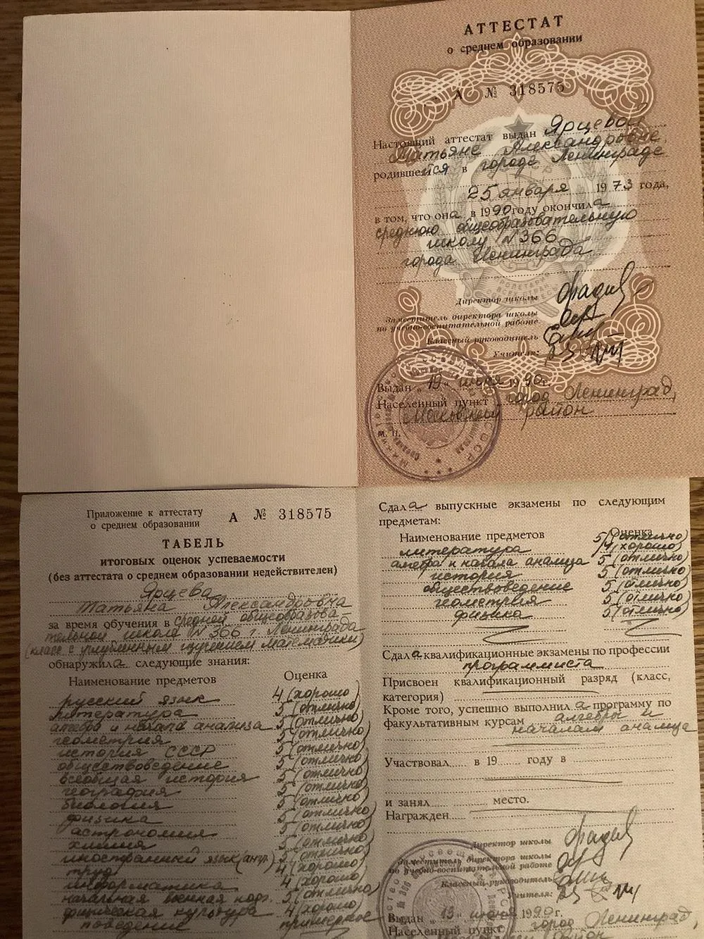 Диплом об окончании ФМЛ №366, Санкт-Петербург