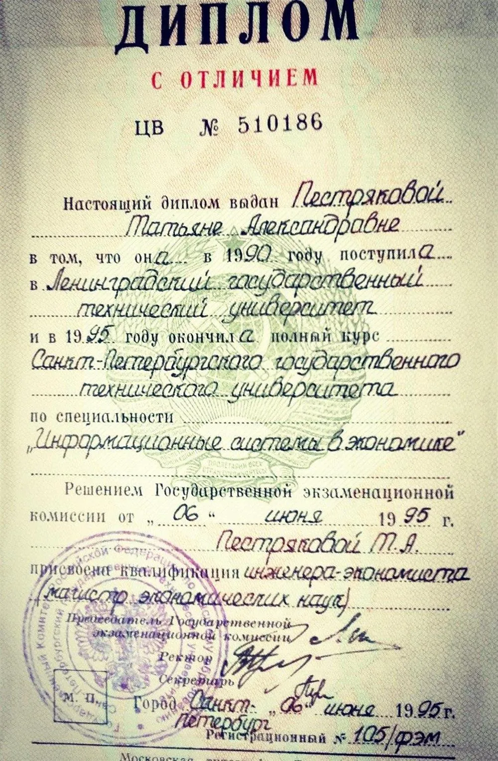 Диплом об окончании Санкт-Петербургского государственного технического университета