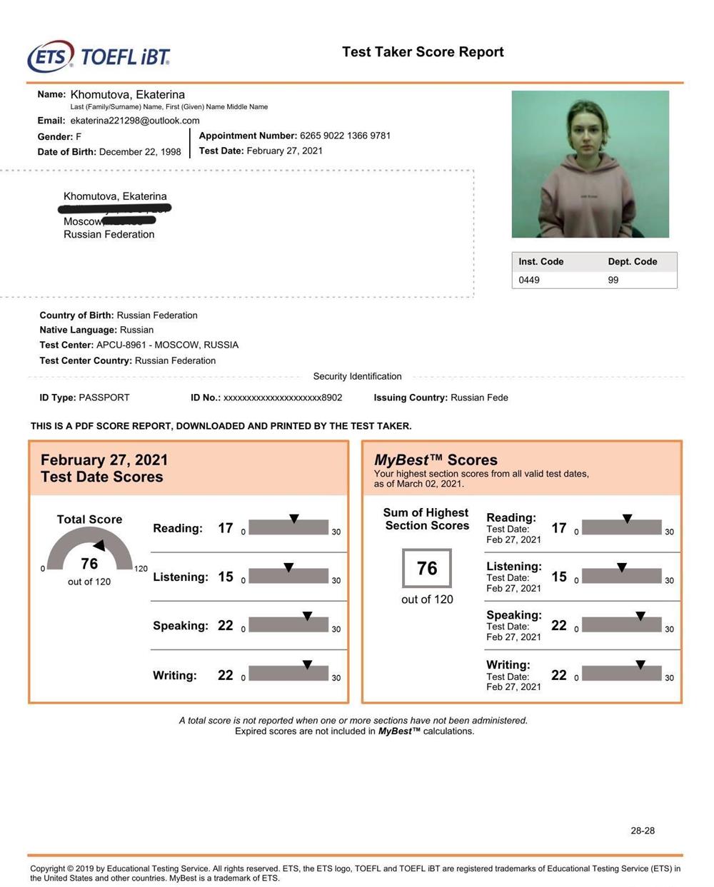 TOEFL Proof of English Proficiency