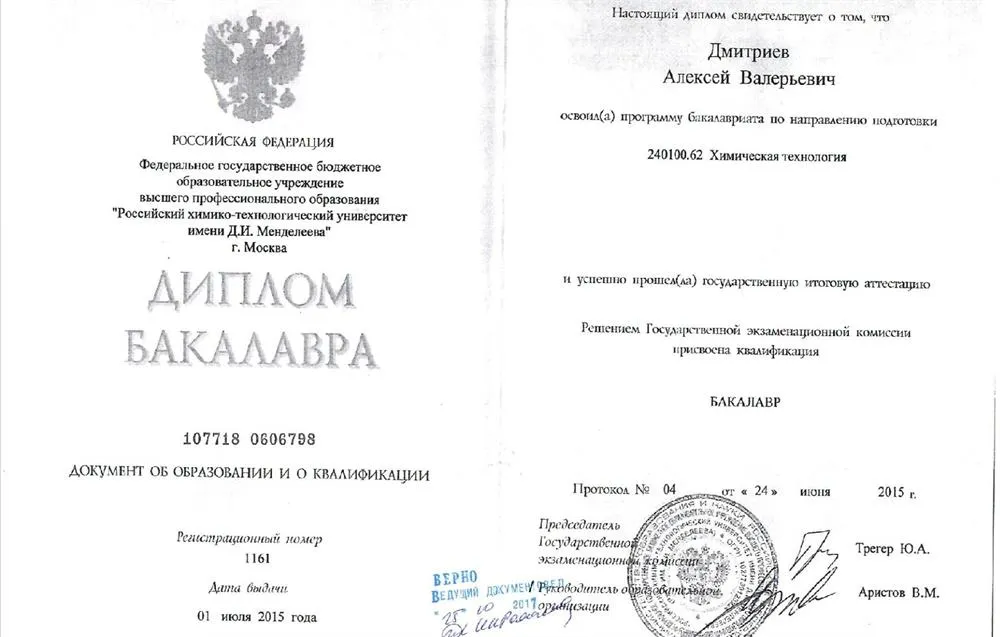 Диплом Бакалавра химической технологии.