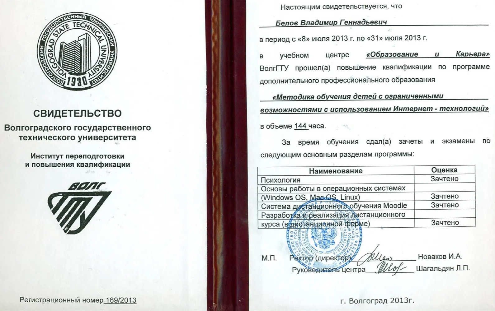 Свидетельство о повышении квалификации