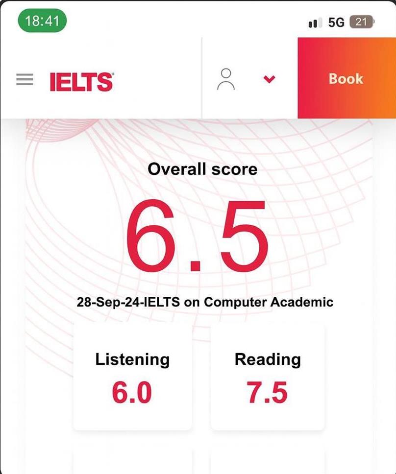 Результат IELTS Academic — Overall Band Score: 6.5 (28 Sep 2024) (международный экзамен по английскому языку, подтверждающий уровень владения языком)