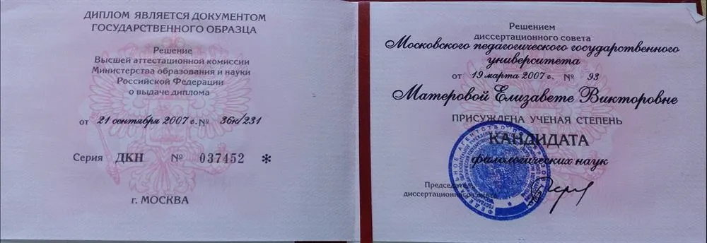 Диплом кандидата филологических наук