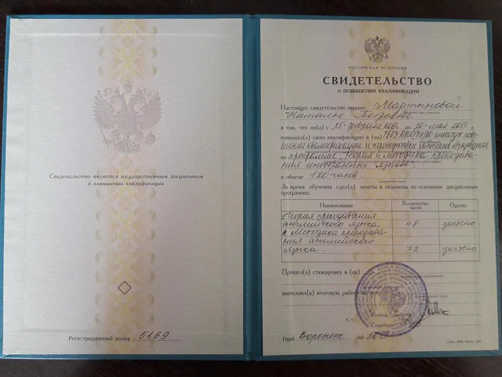 Свидетельство о повышении квалификации