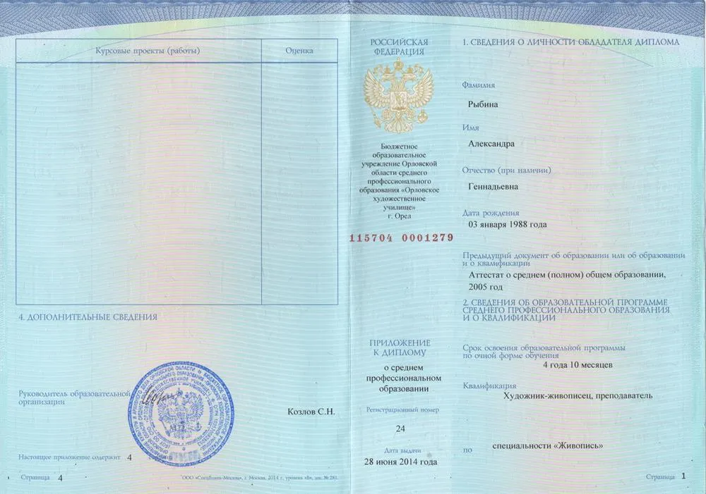 Художественное училище им. ГГ. Мясоедова, преп. живописи, диплом.