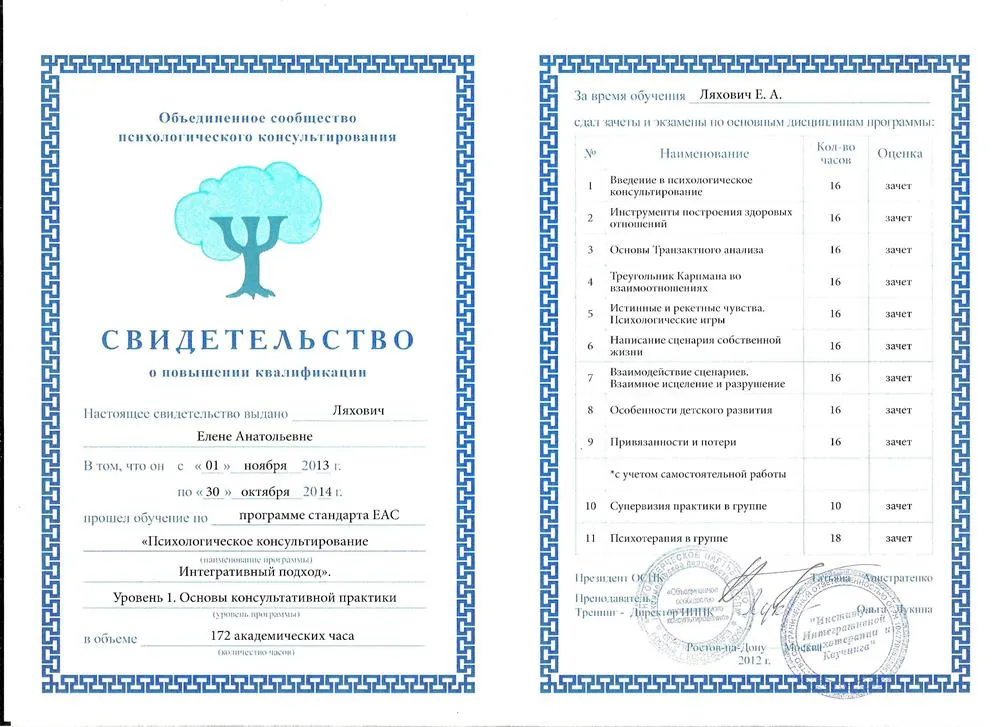 Свидетельство о повышении квалификации Института Интегративной Психотерапии и Коучинга по программе стандарта ЕАС "Психологическое констультирование Интегративный подход" Уровень 1. Основы консультативной практики 