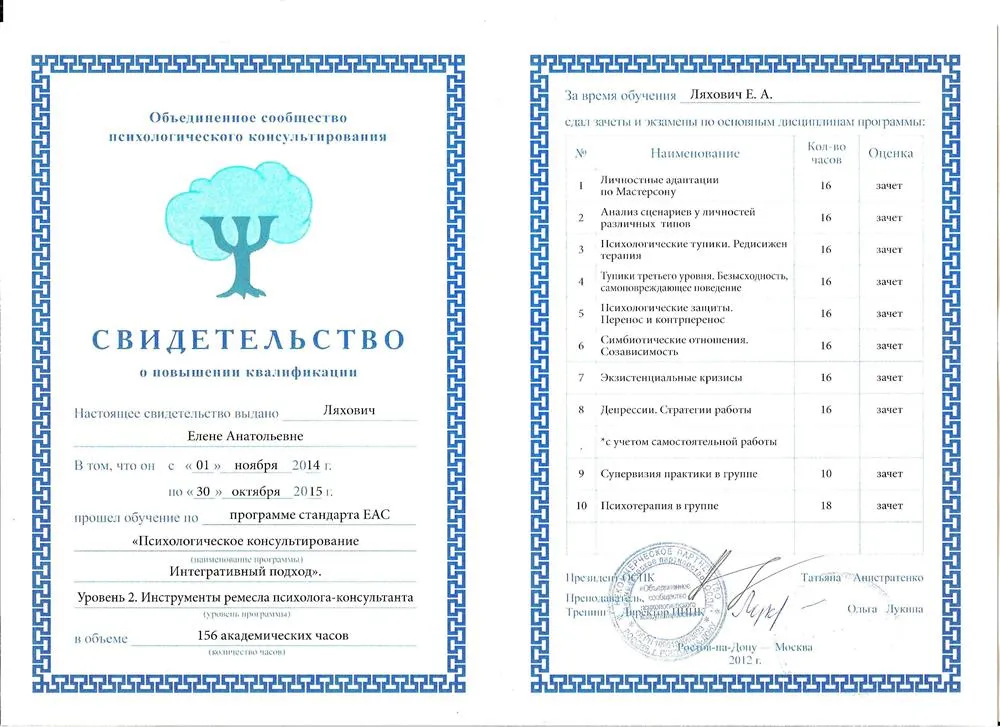 Свидетельство о повышении квалификации Института Интегративной Психотерапии и Коучинга по программе стандарта ЕАС "Психологическое констультирование Интегративный подход" Уровень 2. Инструменты ремесла психолога-консультанта