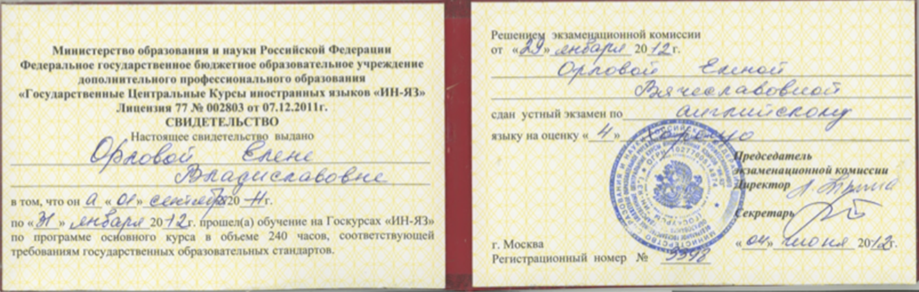 Свидетельство. ФГБОУ ДПО «Государственные Центральные Курсы иностранных языков «ИН-ЯЗ»