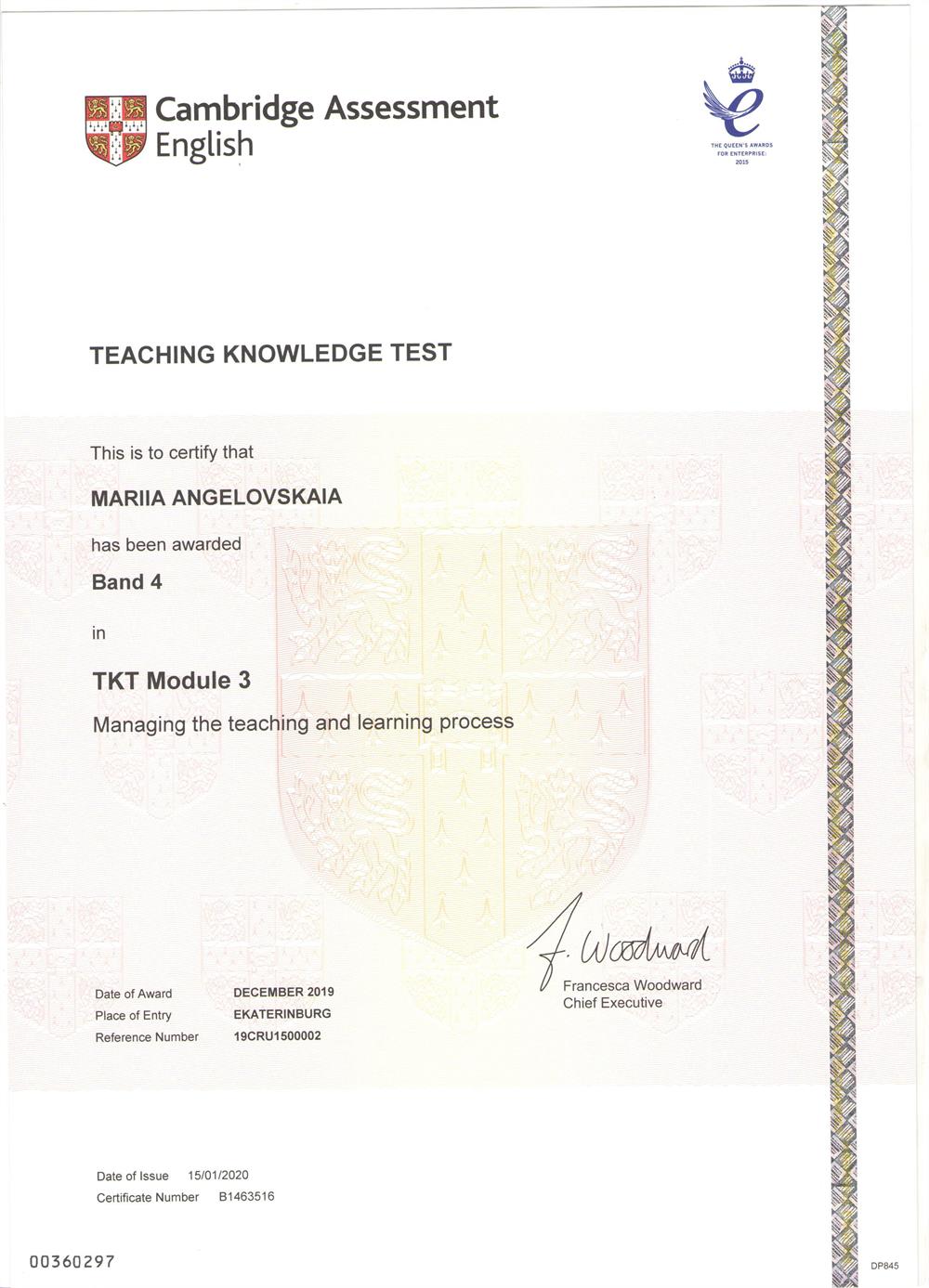 Сертификат. Cambridge Teacher Knowledge Test (TKT), Module 3
