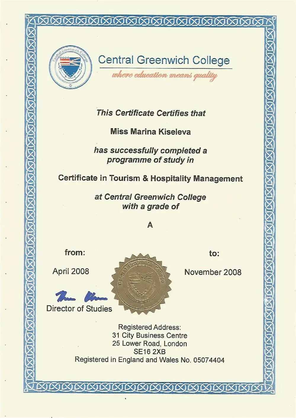 Certificate in Tourism and Hospitality Management (London)
