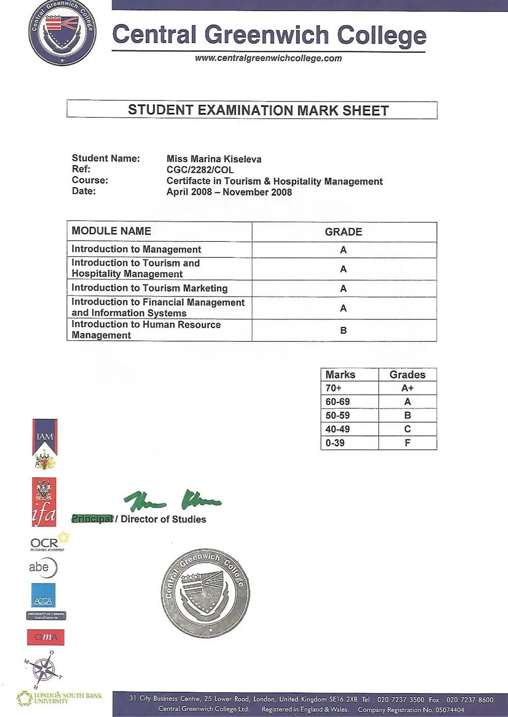 Certificate in Tourism and Hospitality Management (London)