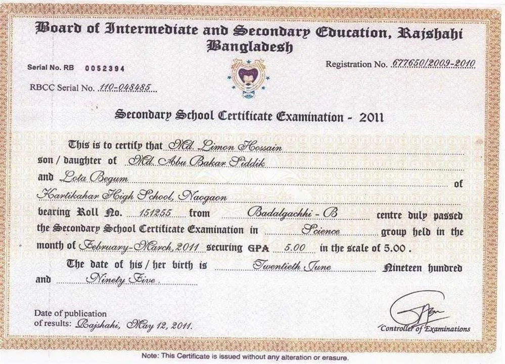 Secondary School Certificate 