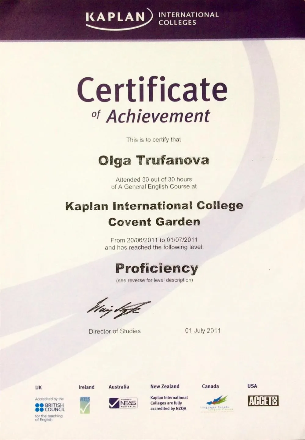 Caplan College Certificate of Advanced English 