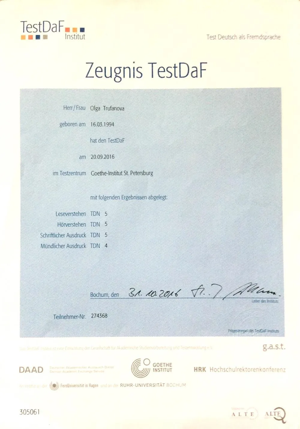 TestDaF (Deutsch als Fremdsprache)