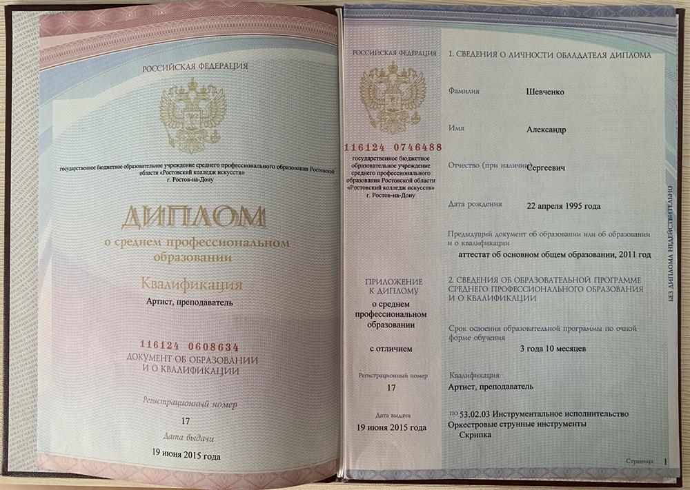 Диплом о среднем образовании.
