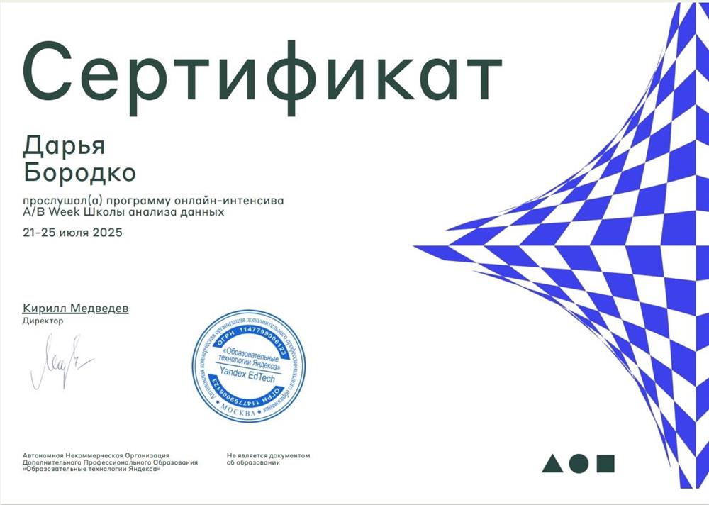Сертификат о прохождении курса по A/B тестированию гипотез в Школе Анализа Данных Яндекса