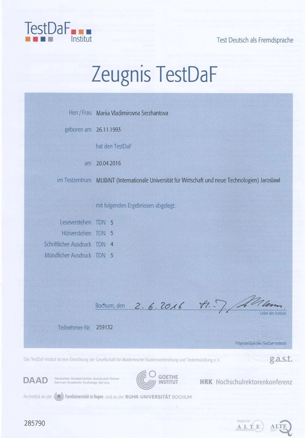 Сертификат TestDaf