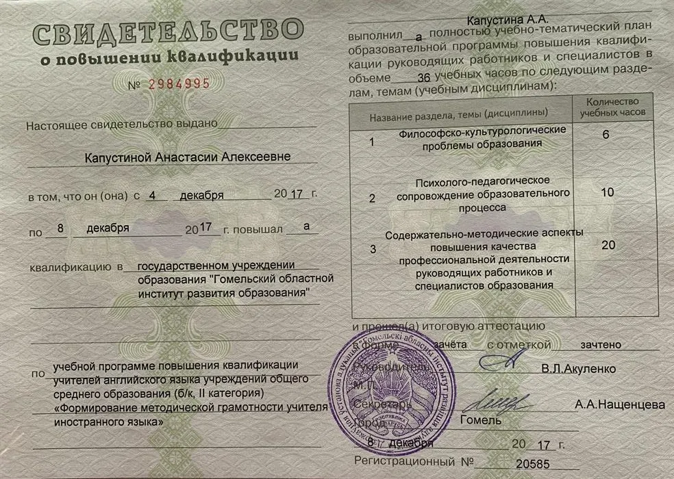 Свидетельство о повышении квалификации 