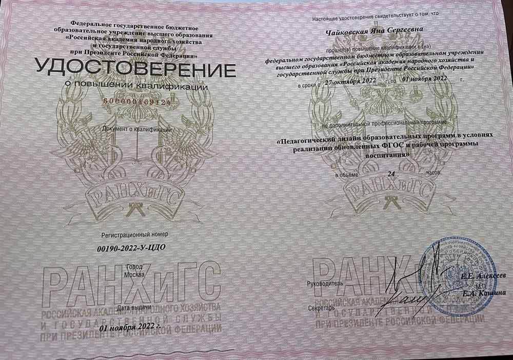 Удостоверение о повышении квалификации 