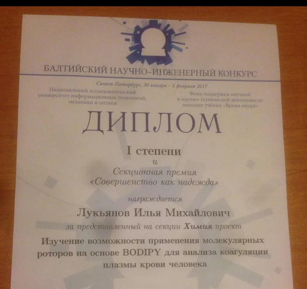 Диплом победителя Всероссийского научно-инженерного конкурса в секции "Химия" 