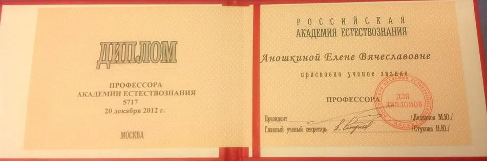 Диплом профессора Российской Академии Естествознания