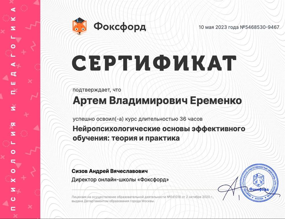 Сертификат. Нейропсихологические основы эффективного обучения: теория и практика
