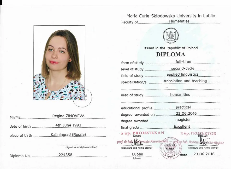 Dyploma. Magister of Humanities