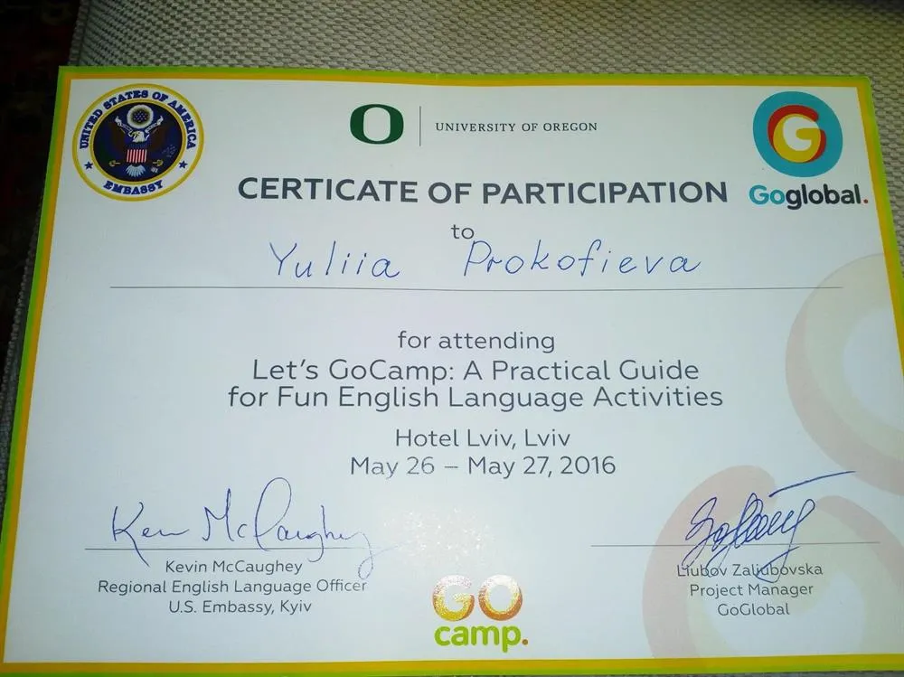 Сертификат от U.S. Embassy об обучении Fun English Language Activities
