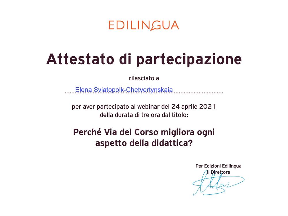 Аттестат от Edilingua от 24.04.21по поводу методики обучения по "Via del corso"  