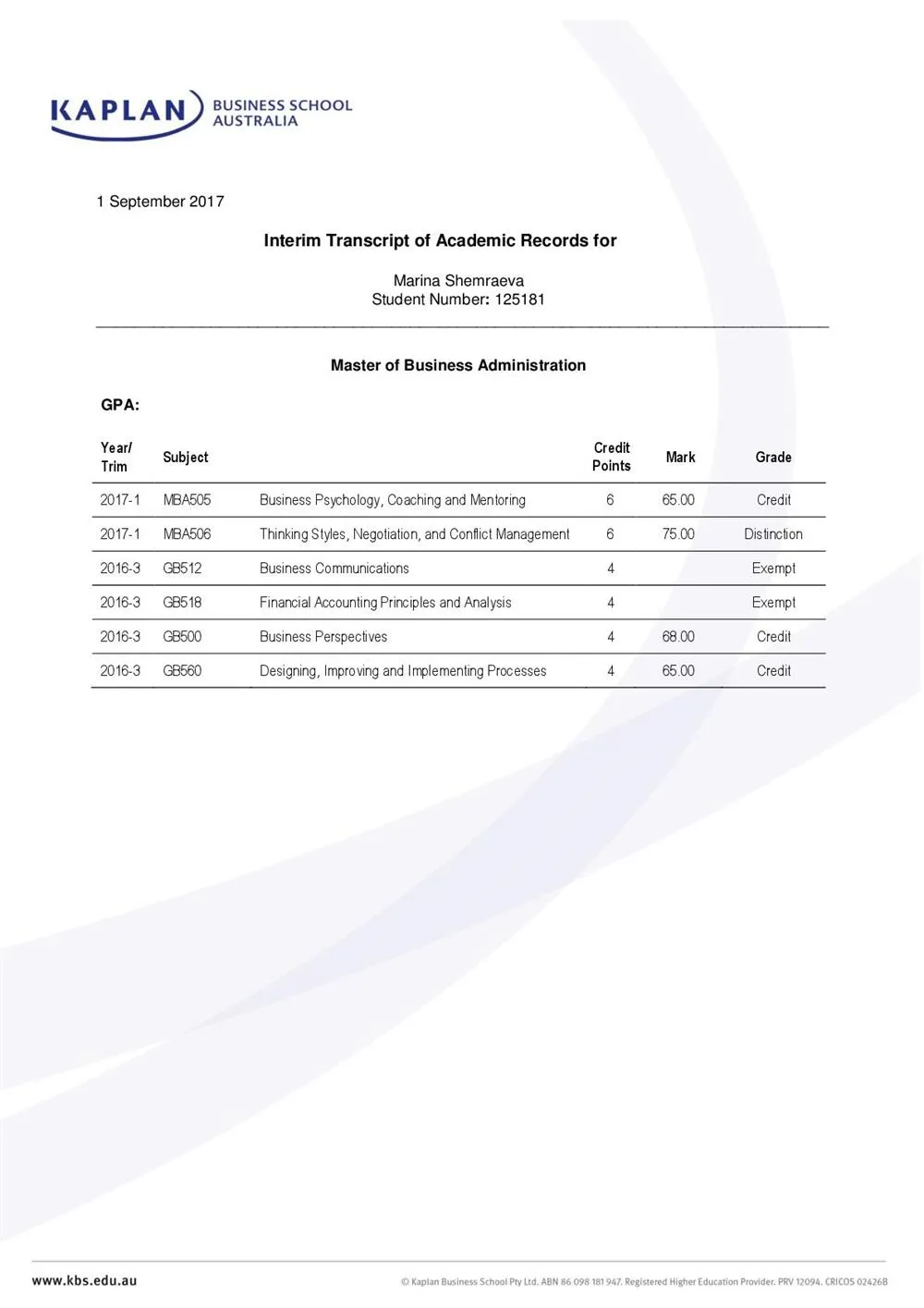 MBA Interim Certificate