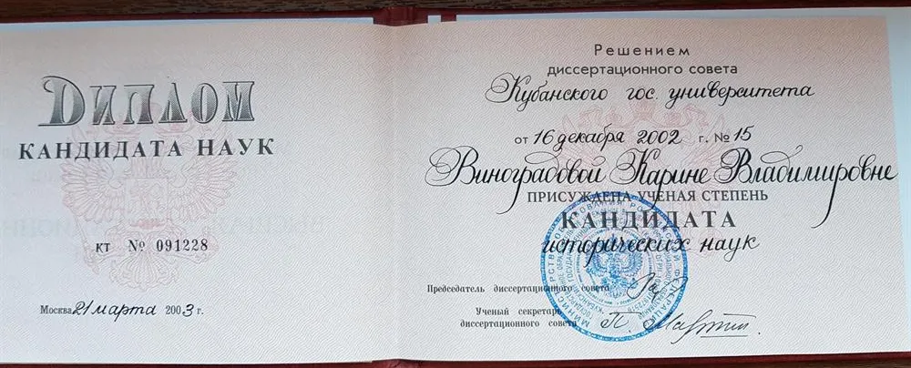 Диплом кандидата исторических наук
