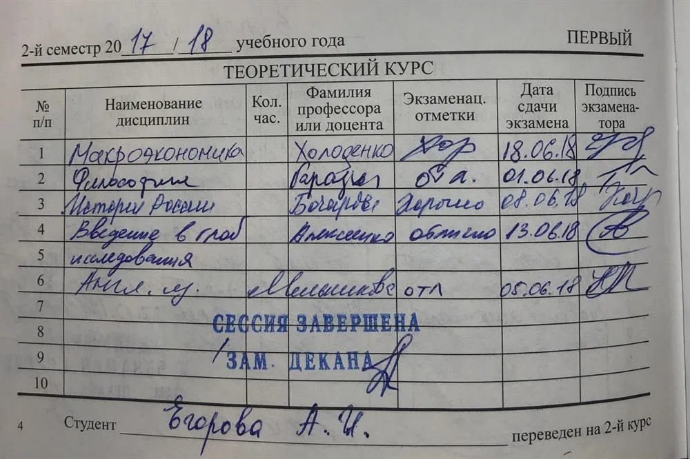 Зачетная книжка МГУ (английский - отлично )
