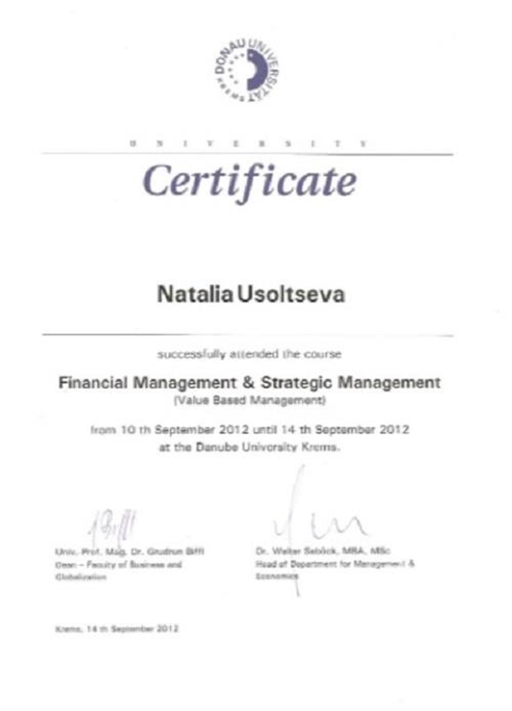 Сертификат. Danube University Krems Financial and Strategic Management