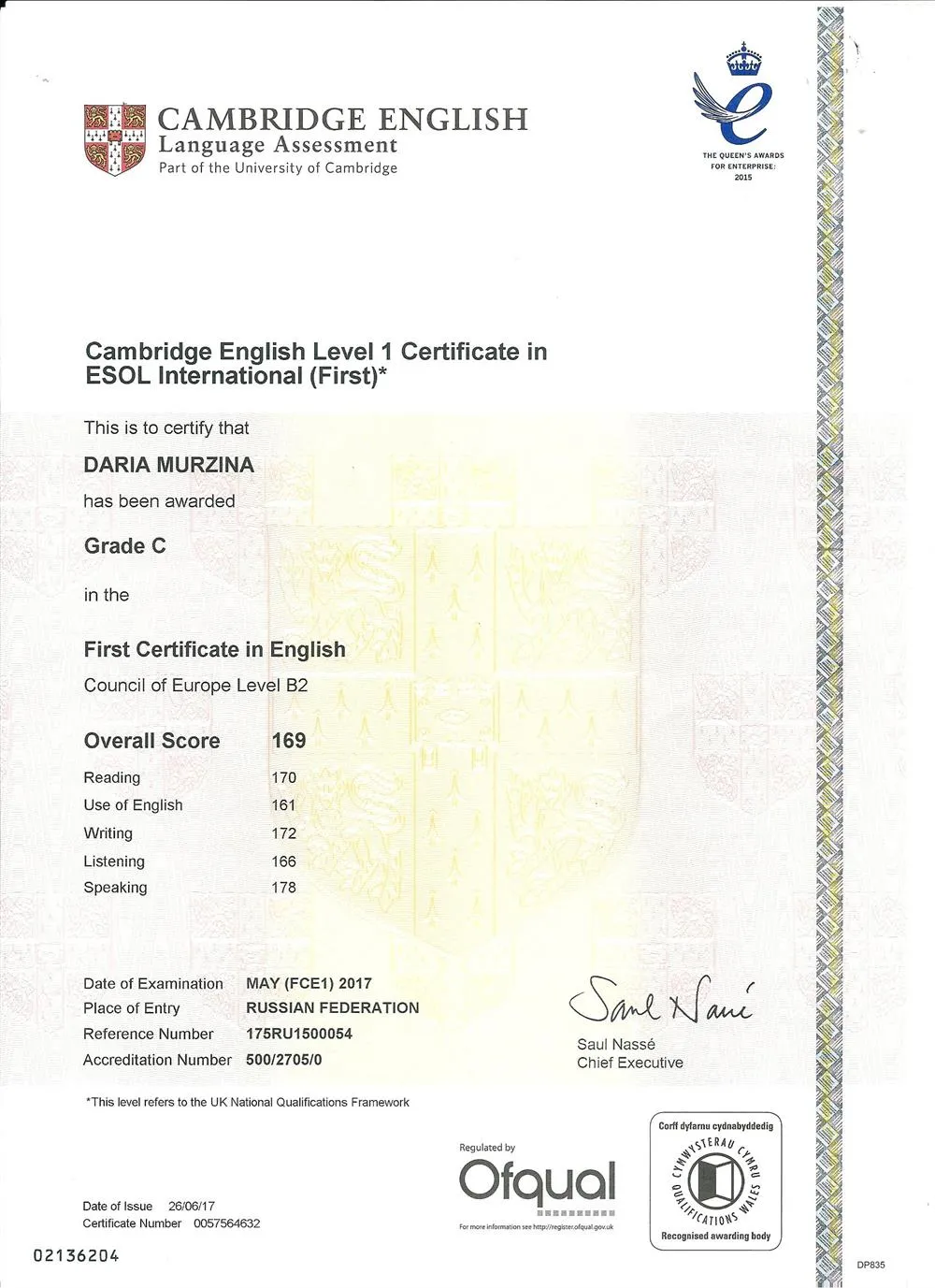Cambridge English Level 1 Certificate in ESOL International (First)