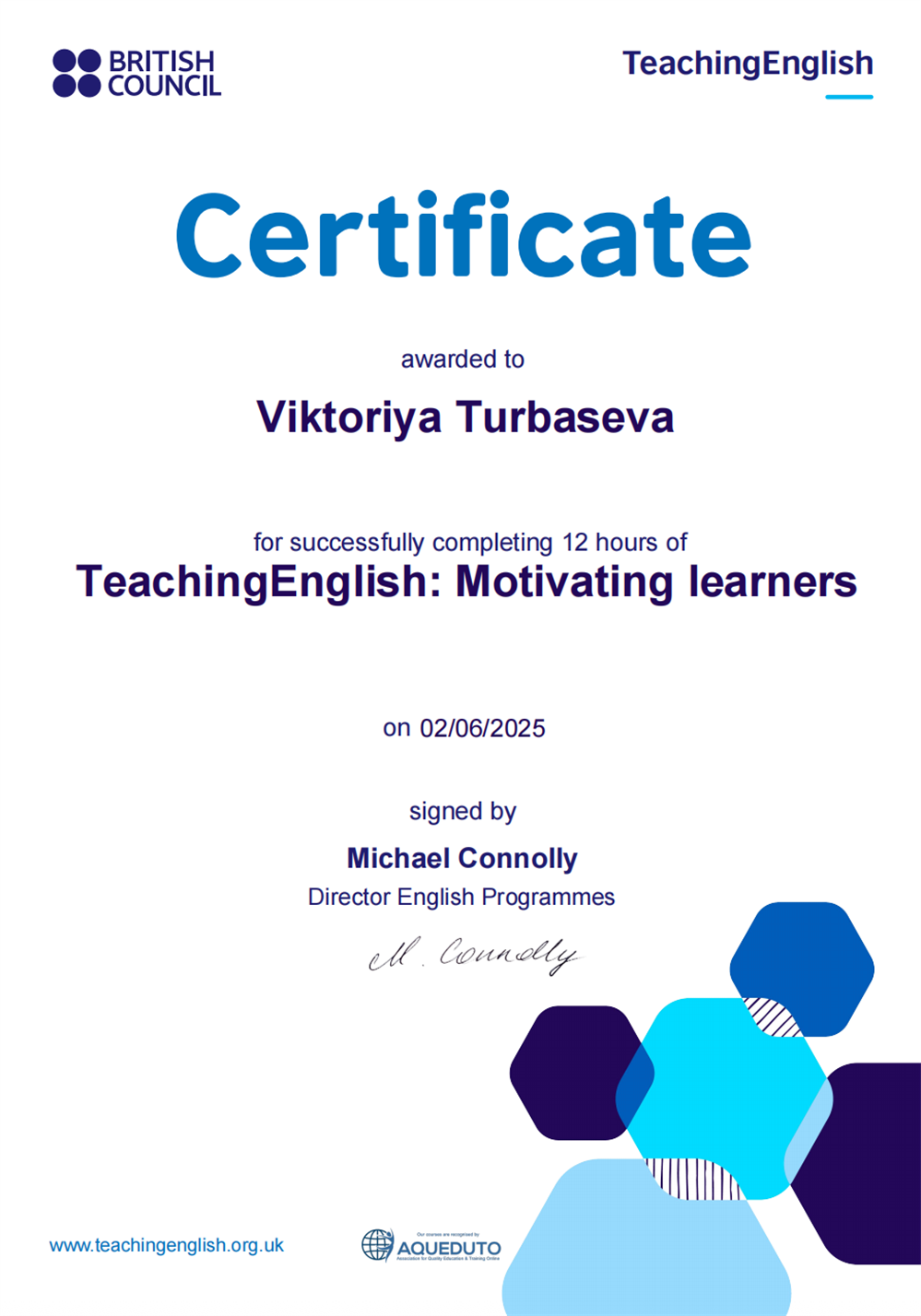 Сертификат. British Council. TeachingEnglish: Motivating learners