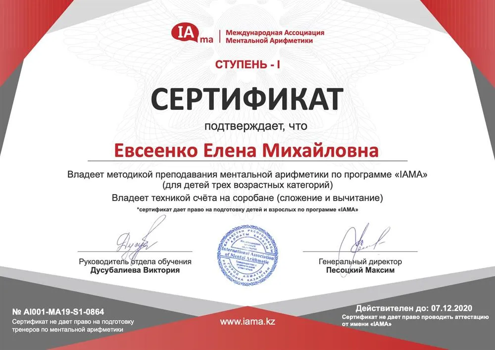 Международный сертификат по ментальной арифметике 