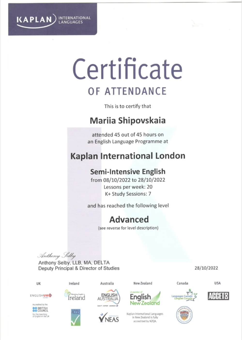 Certificate of Attendance. Kaplan International London