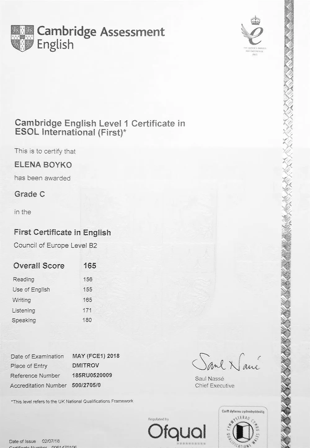 FCE - First Certificate in English ( Cambridge)
